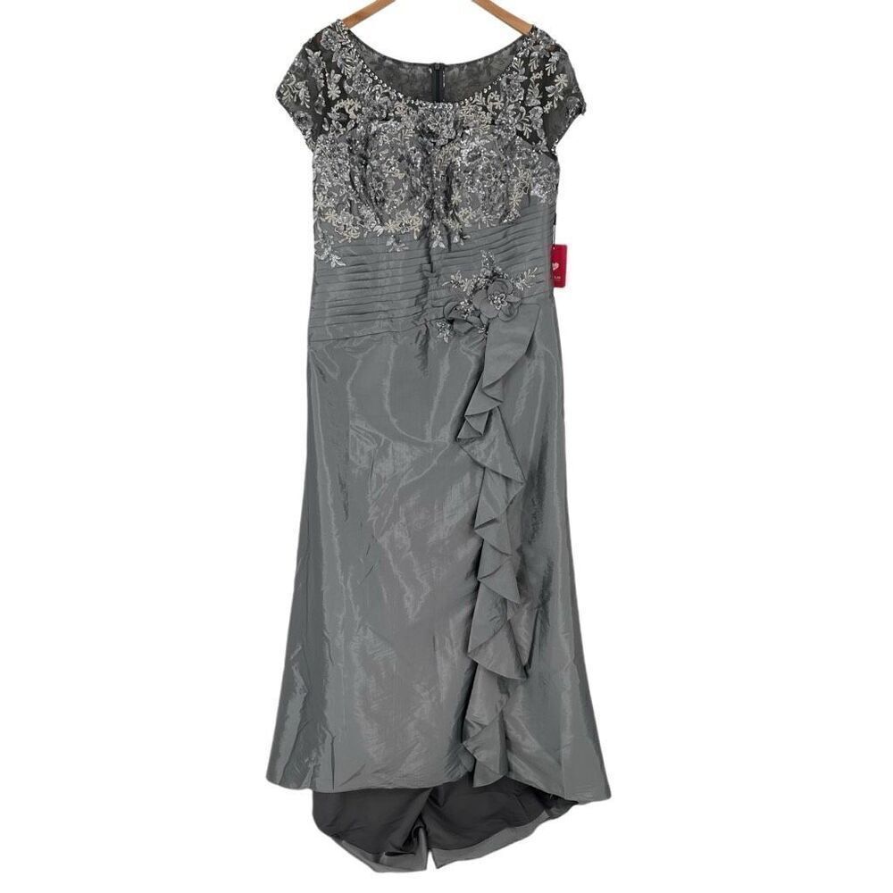 JJ's House A-Line Scoop Sweep Train Taffeta Sequin Evening Dress 18W Grey Silver